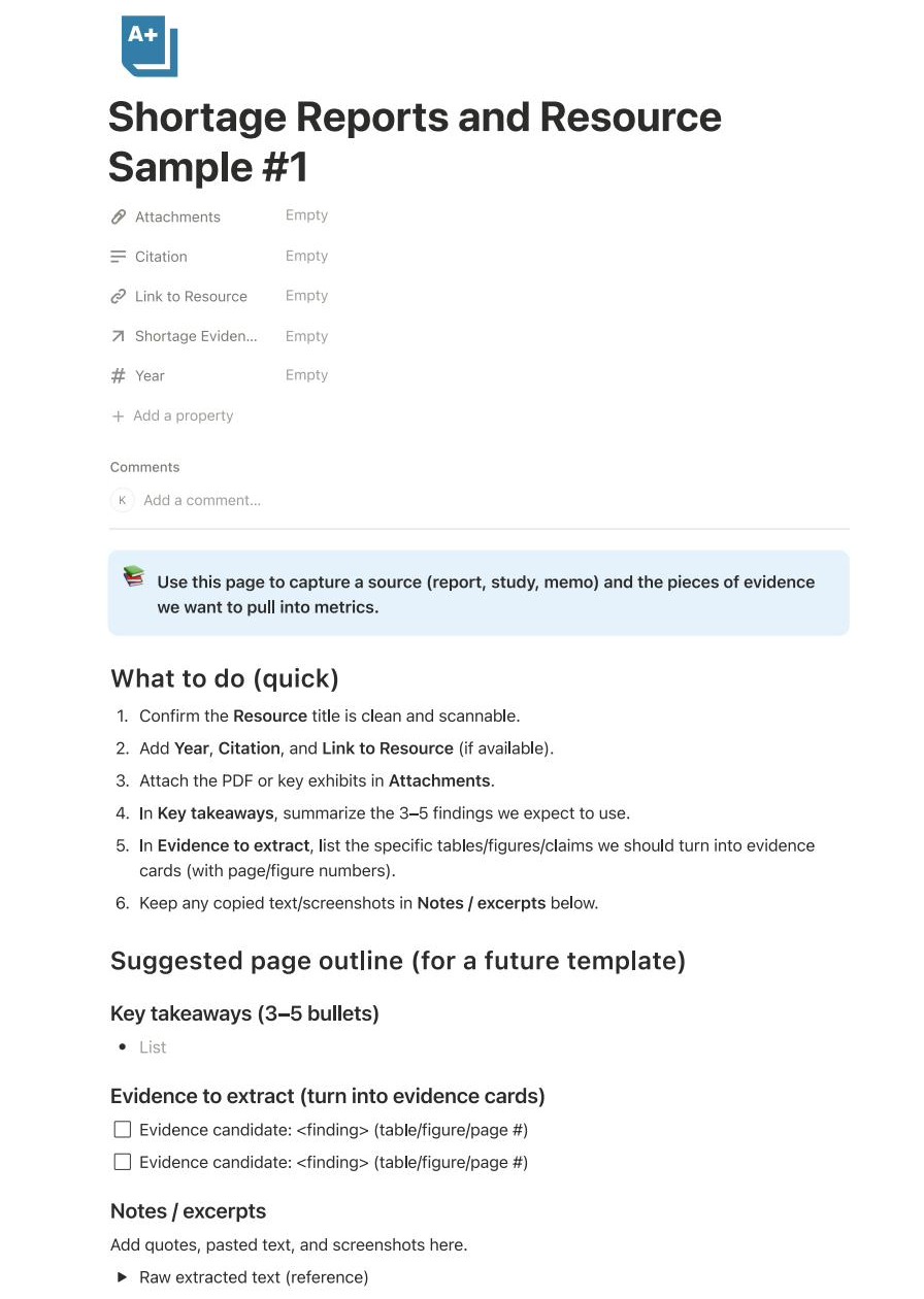 A source record with a checklist for capturing citation, key takeaways, and findings.